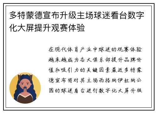 多特蒙德宣布升级主场球迷看台数字化大屏提升观赛体验